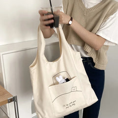 Women's Casual Canvas Shoulder Bag Cartoon Print Shopping Bag