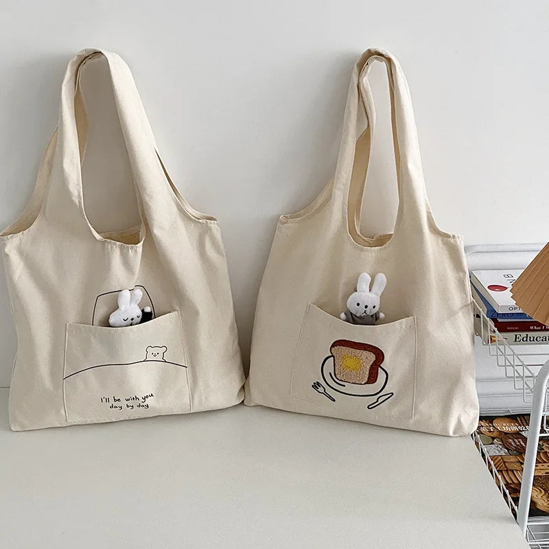 Women's Casual Canvas Shoulder Bag Cartoon Print Shopping Bag