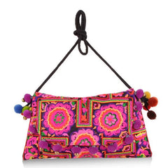 Ethnic Embroidery Clutch Bag with Pom Pom Shoulder Bags for Women