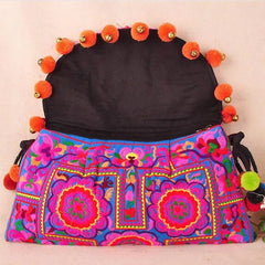 Ethnic Embroidery Clutch Bag with Pom Pom Shoulder Bags for Women