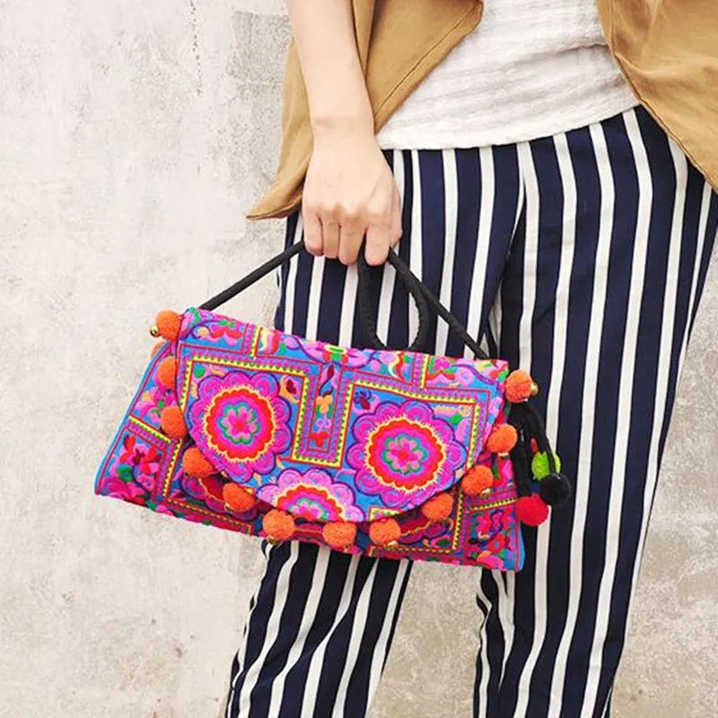Ethnic Embroidery Clutch Bag with Pom Pom Shoulder Bags for Women