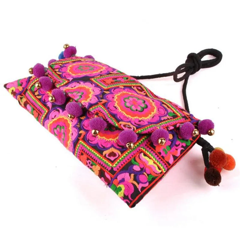 Ethnic Embroidery Clutch Bag with Pom Pom Shoulder Bags for Women