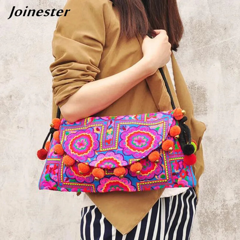 Ethnic Embroidery Clutch Bag with Pom Pom Shoulder Bags for Women