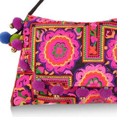 Ethnic Embroidery Clutch Bag with Pom Pom Shoulder Bags for Women