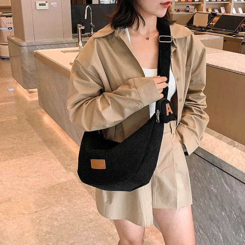Women's Corduroy Crossbody Bag Winter Handbag High Capacity