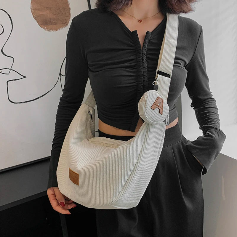 Women's Corduroy Crossbody Bag Winter Handbag High Capacity