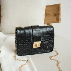 Crocodile Grain Small Square Bag Lock Chain Shoulder Crossbody Bag
