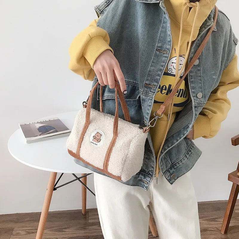 Bear Crossbody Bag Plush Embroidered Winter Boston Bag
