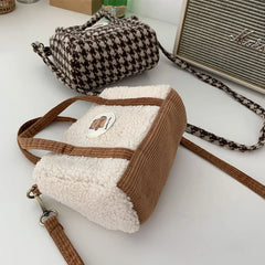 Bear Crossbody Bag Plush Embroidered Winter Boston Bag