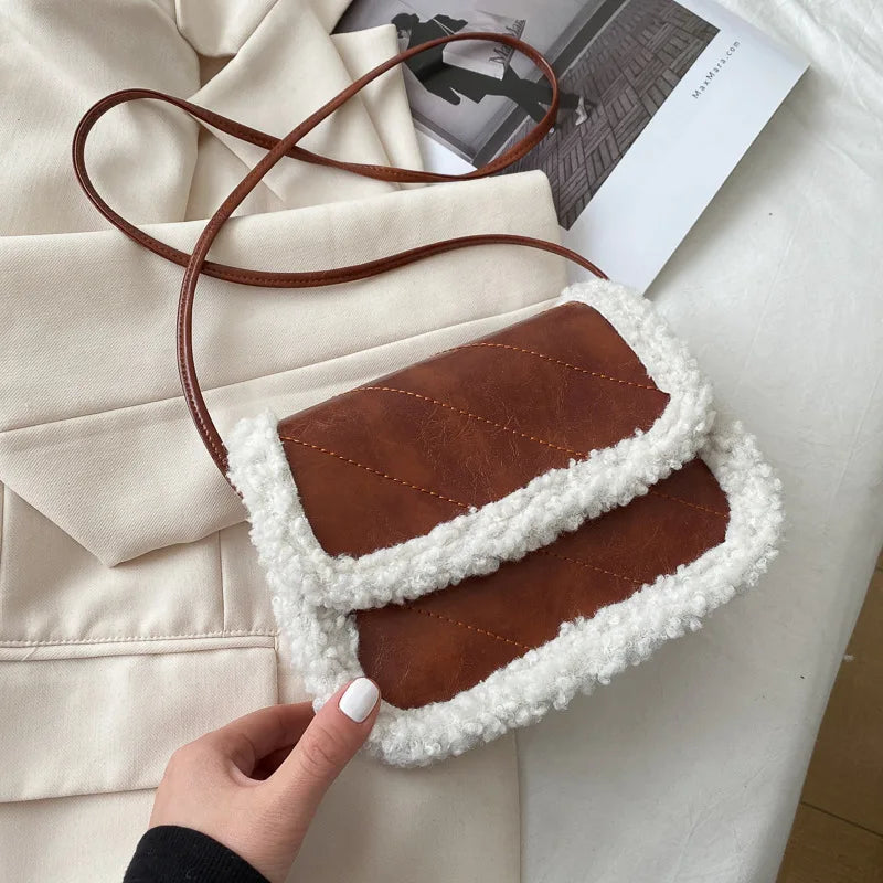 Women's Lambhair Crossbody Bag PU Leather Shoulder Saddle HandBag