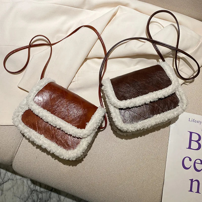Women's Lambhair Crossbody Bag PU Leather Shoulder Saddle HandBag