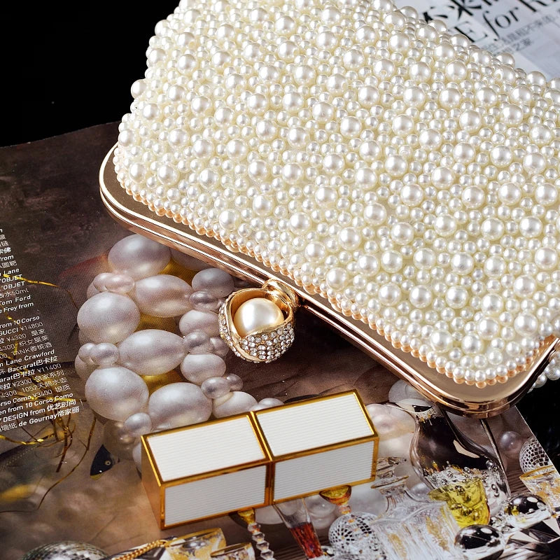 Women's Crystals / Pearls Evening Bag Beige