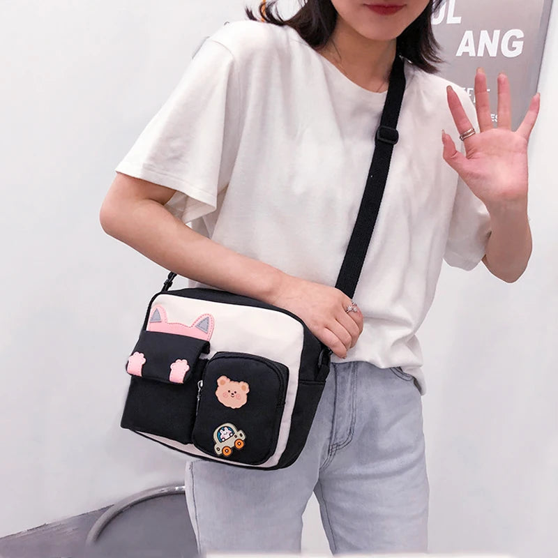 Women's Canvas Mini Shoulder Bag Girls Small Wallets Zipper Shopper Bag Cartoon