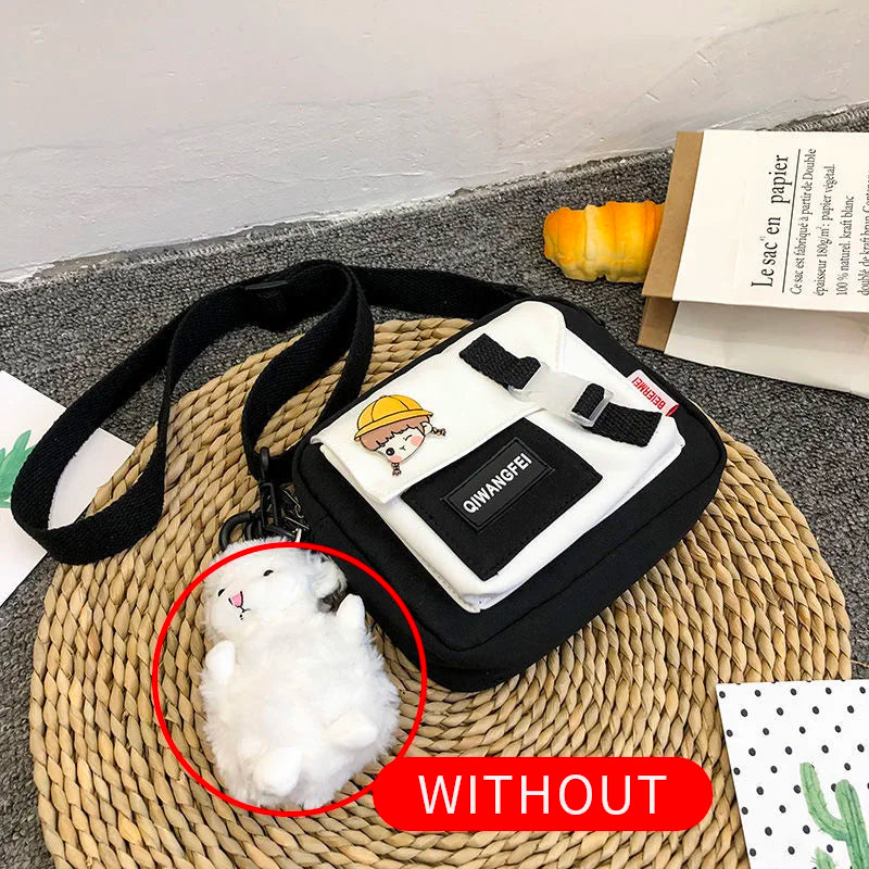 Fur Ball Pendant Canvas Shoulder Bag for Girls Women