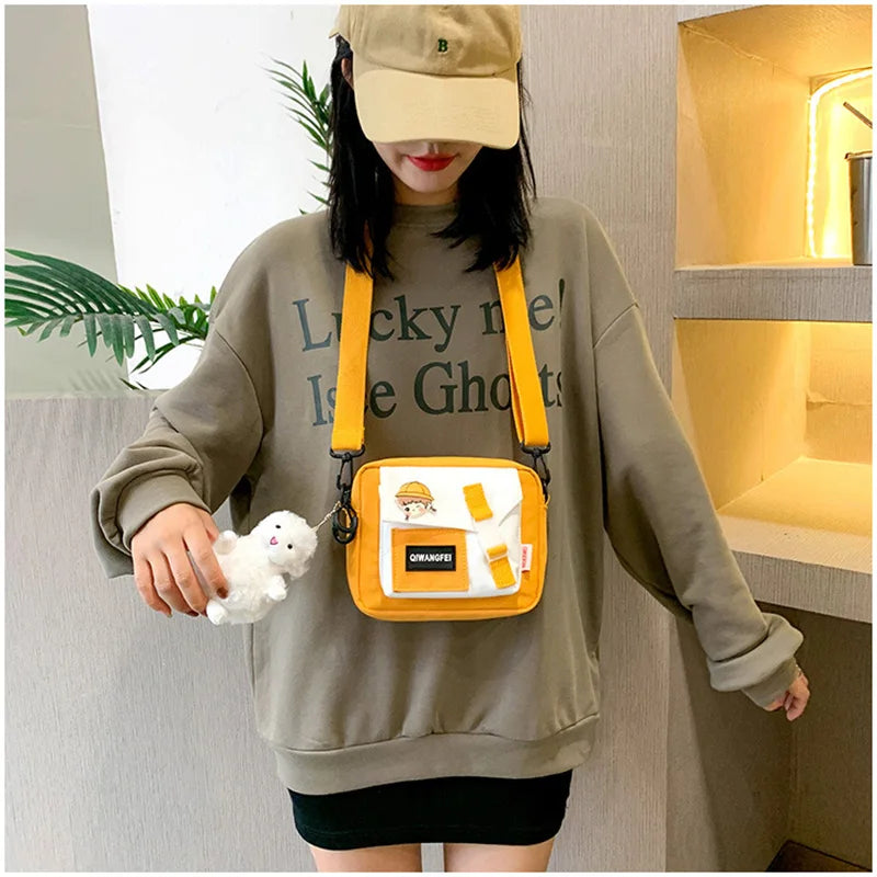 Fur Ball Pendant Canvas Shoulder Bag for Girls Women