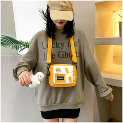 Fur Ball Pendant Canvas Shoulder Bag for Girls Women