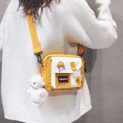 Fur Ball Pendant Canvas Shoulder Bag for Girls Women