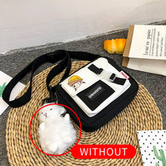 Fur Ball Pendant Canvas Shoulder Bag for Girls Women