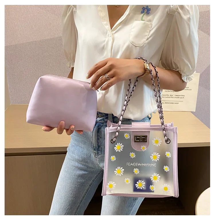 Women's Daisy Shoulder Bags Transparent Jelly Bag Handbags Purse Clutches