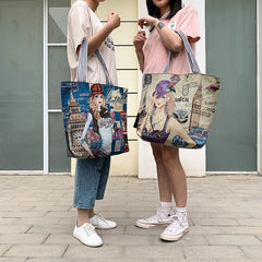 Women's Cartoon Embroidery Canvas Handbag Large Capacity Shopping Bag