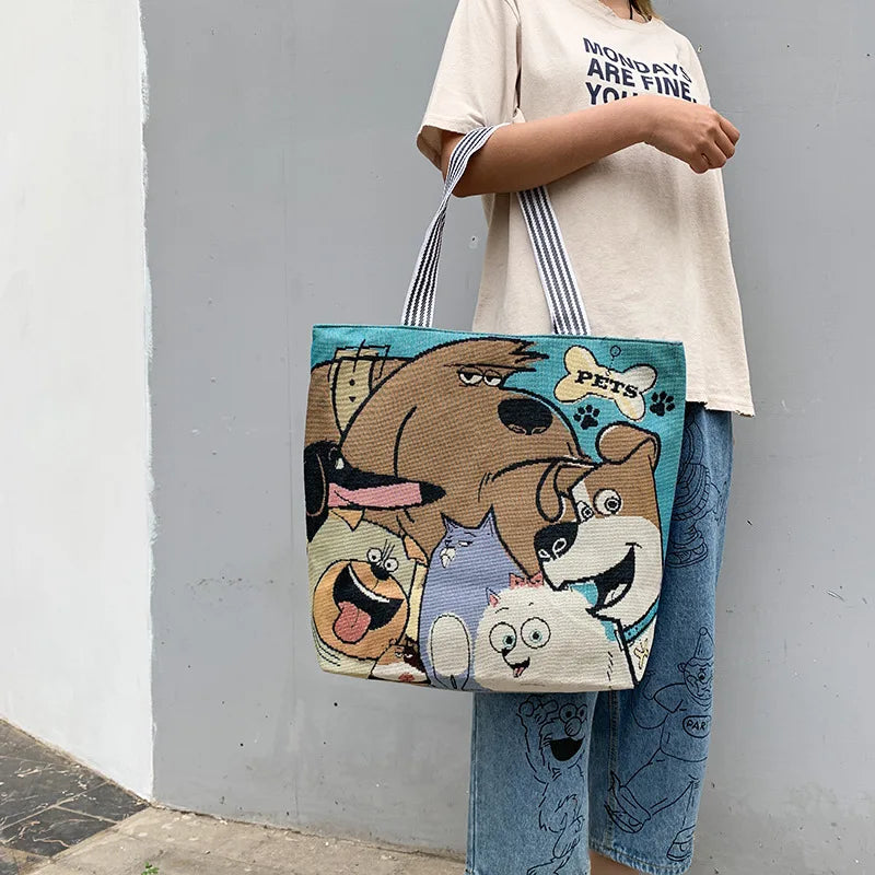 Women's Cartoon Embroidery Canvas Handbag Large Capacity Shopping Bag