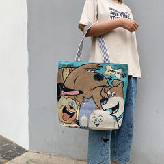 Women's Cartoon Embroidery Canvas Handbag Large Capacity Shopping Bag