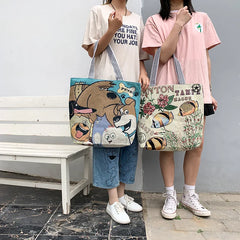 Women's Cartoon Embroidery Canvas Handbag Large Capacity Shopping Bag