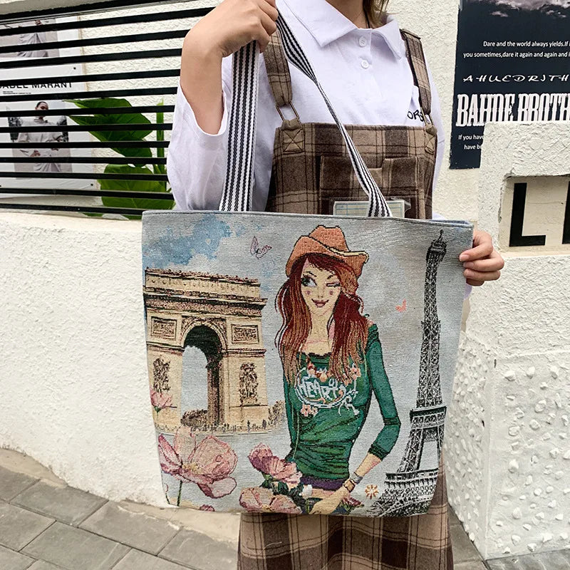 Women's Cartoon Embroidery Canvas Handbag Large Capacity Shopping Bag