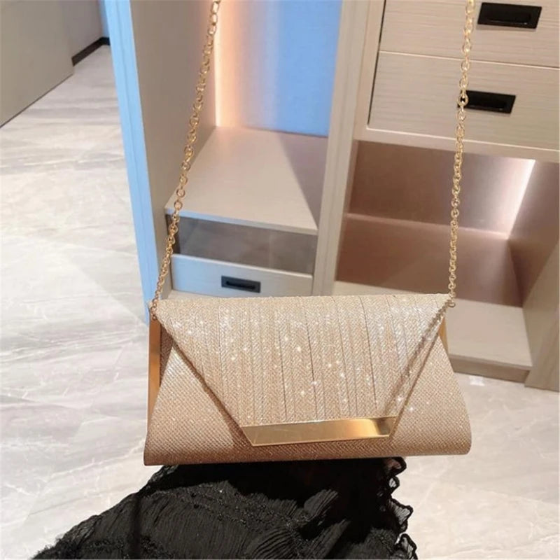 Women's Glitter Evening Bag Clutch with Chain for Banquet G5AE