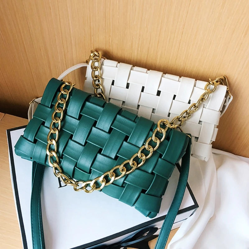 Braided Shoulder Bag PU Leather Weave Purse with Chain