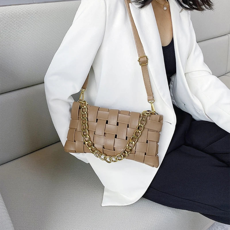 Braided Shoulder Bag PU Leather Weave Purse with Chain