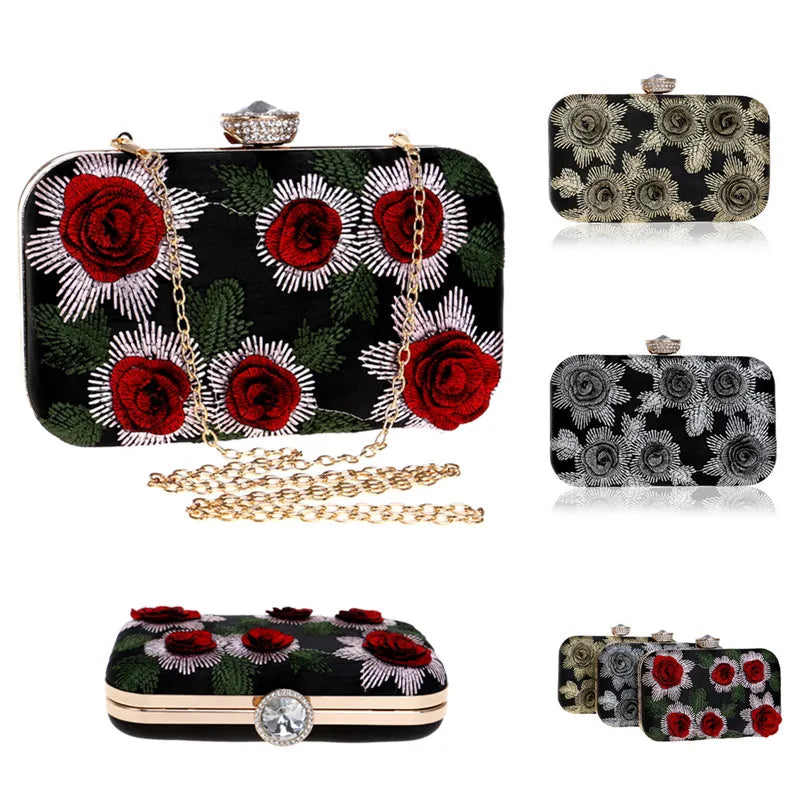 Vintage Embroidery Flower Rose Rhinestones Purse Party Wedding Ladies Bag