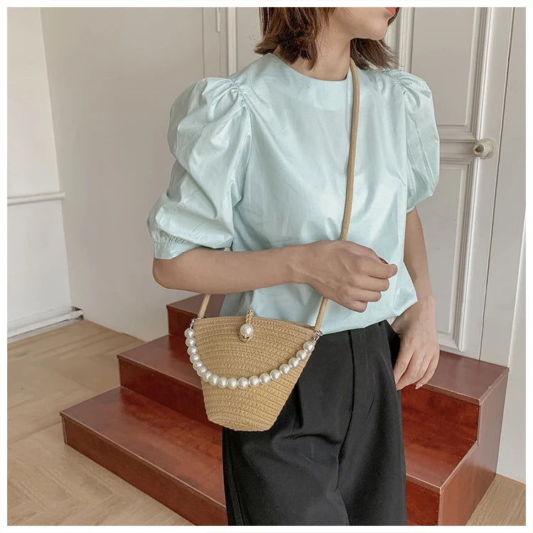 Women's Straw Beach Bag Crossbody Shoulder Bucket Bag