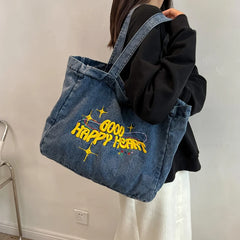 Women's Shoulder Canvas Bag Letter Embroidery Denim Large Capacity