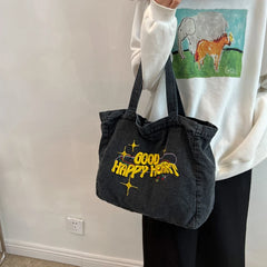 Women's Shoulder Canvas Bag Letter Embroidery Denim Large Capacity
