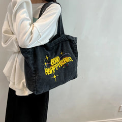 Women's Shoulder Canvas Bag Letter Embroidery Denim Large Capacity