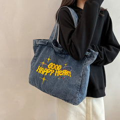 Women's Shoulder Canvas Bag Letter Embroidery Denim Large Capacity