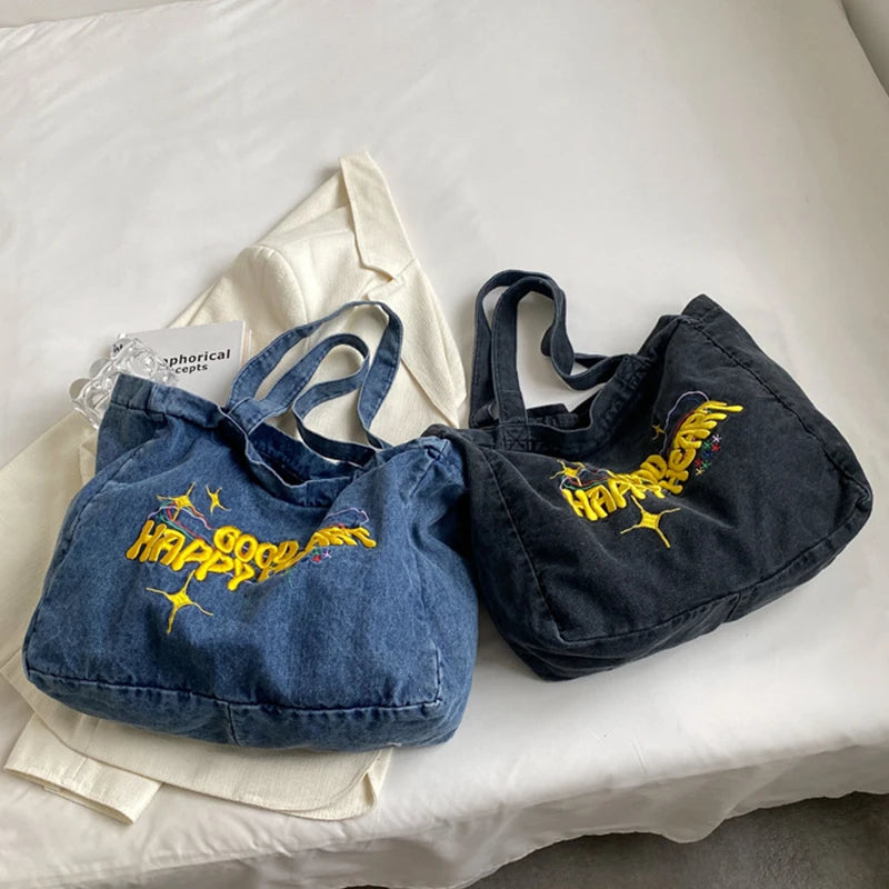 Women's Shoulder Canvas Bag Letter Embroidery Denim Large Capacity