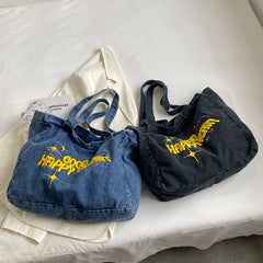 Women's Shoulder Canvas Bag Letter Embroidery Denim Large Capacity