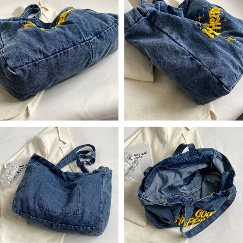 Women's Shoulder Canvas Bag Letter Embroidery Denim Large Capacity