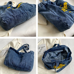 Women's Shoulder Canvas Bag Letter Embroidery Denim Large Capacity