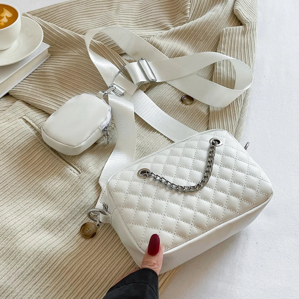 Women's Diamond Pattern Crossbody Bag Chain Square Handbag 2Pc/Set