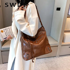 Retro PU Leather Shoulder Bag High Capacity Women Crossbody Tote