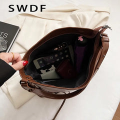 Retro PU Leather Shoulder Bag High Capacity Women Crossbody Tote