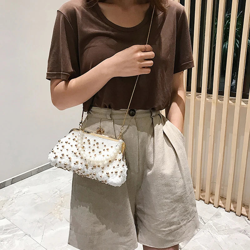 Women's Beaded Handbag Rivet Chain Crossbody Bag Shoulder Bag