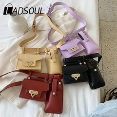 Women's PU Belt Two-piece Waist Bag Female Solid Messenger Mobile Phone Bag
