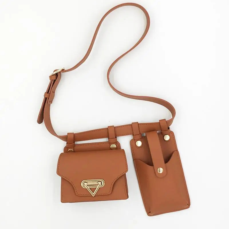 Women's PU Belt Two-piece Waist Bag Female Solid Messenger Mobile Phone Bag