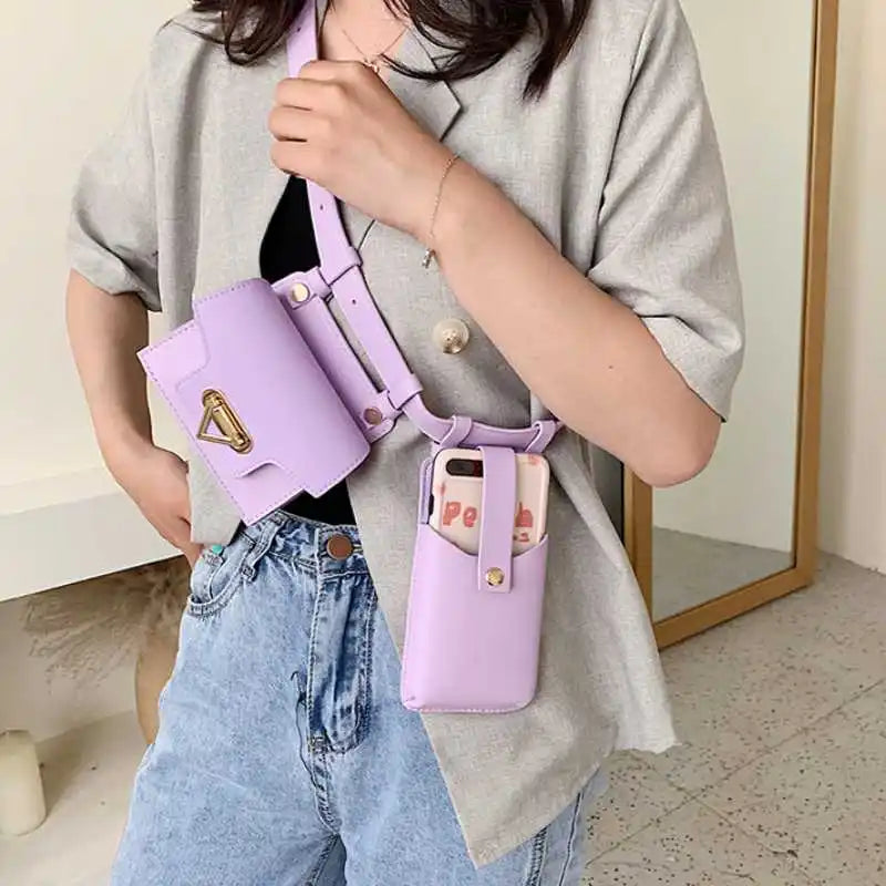 Women's PU Belt Two-piece Waist Bag Female Solid Messenger Mobile Phone Bag