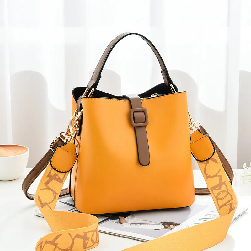 Women's Wide Shoulder Strap Crossbody Bucket Bag Versatile High Shoulder Handbag