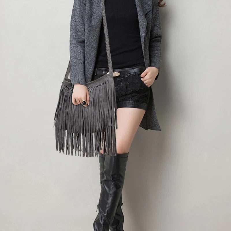 Women's Fringed Leather Shoulder Bag with Adjustable Strap